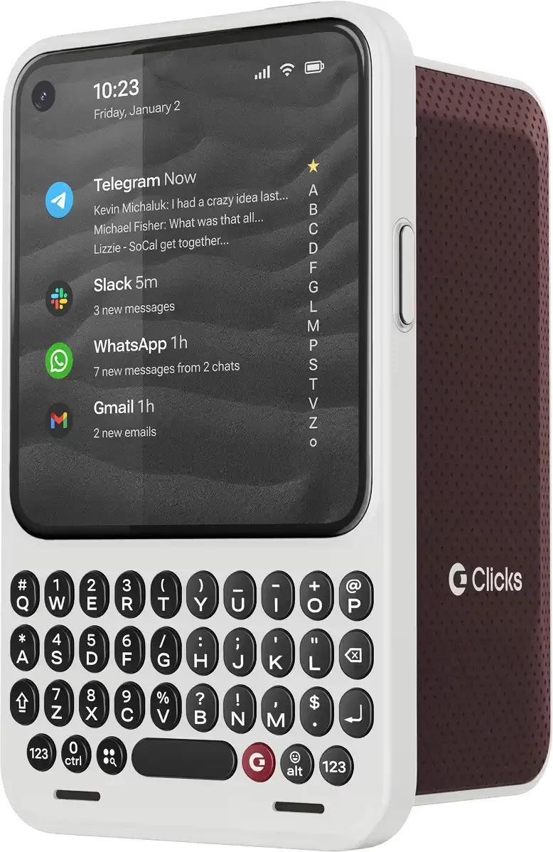 Clicks Communicator shown with notifications and its leather backside.