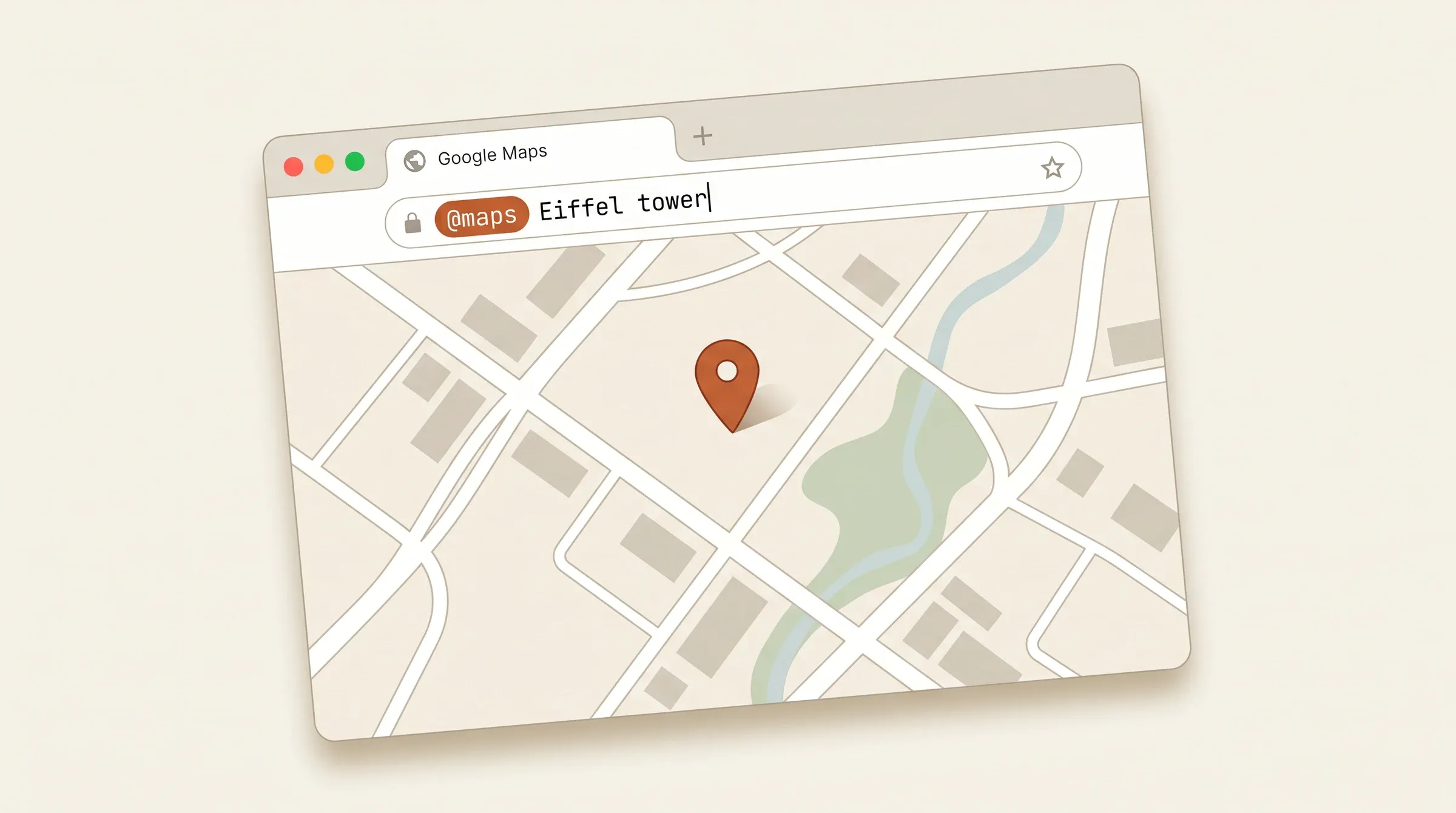 A tilted browser window with @maps Eiffel tower typed in the address bar, over an abstracted map view.