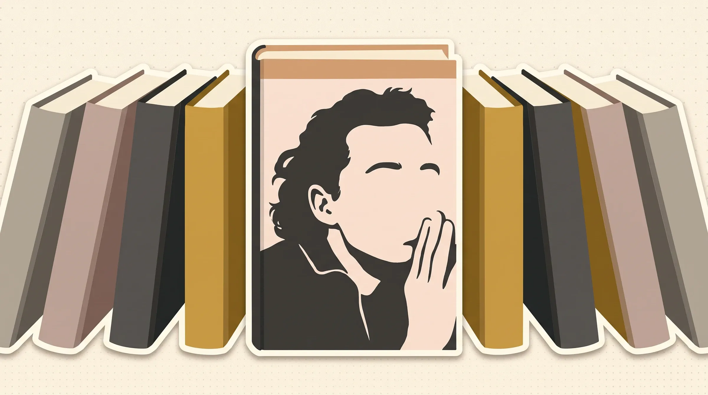 A row of upright books on a warm cream background, with a single front-facing book standing out in the centre. Its cover is a minimalist take on the Greenlights book cover: a stylised black-and-cream illustration of Matthew McConaughey, hair swept back, both hands raised together near his mouth in a contemplative pose.