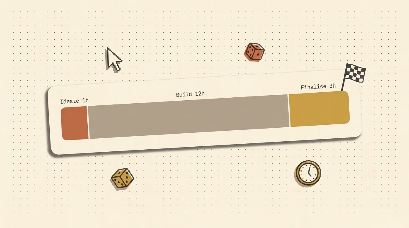 Tilted timeline bar splitting a 16-hour game jam into Ideate (1h), Build (12h) and Finalise (3h), with a finish flag, dice, a cursor and a clock on dotted paper.