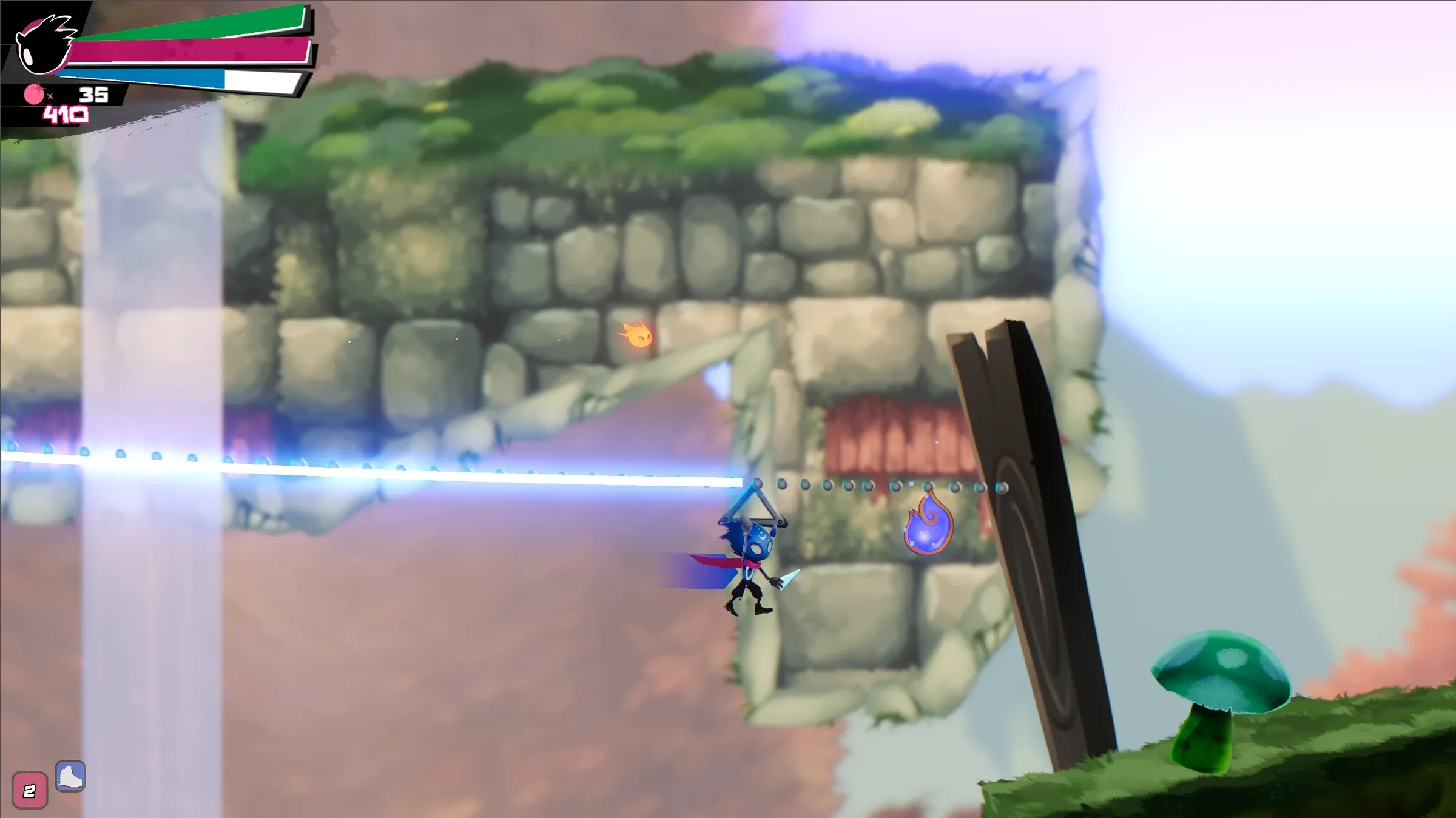 Screenshot from PiN: the Guardian Spirit. The protagonist glides across a chain with light trailing behind.