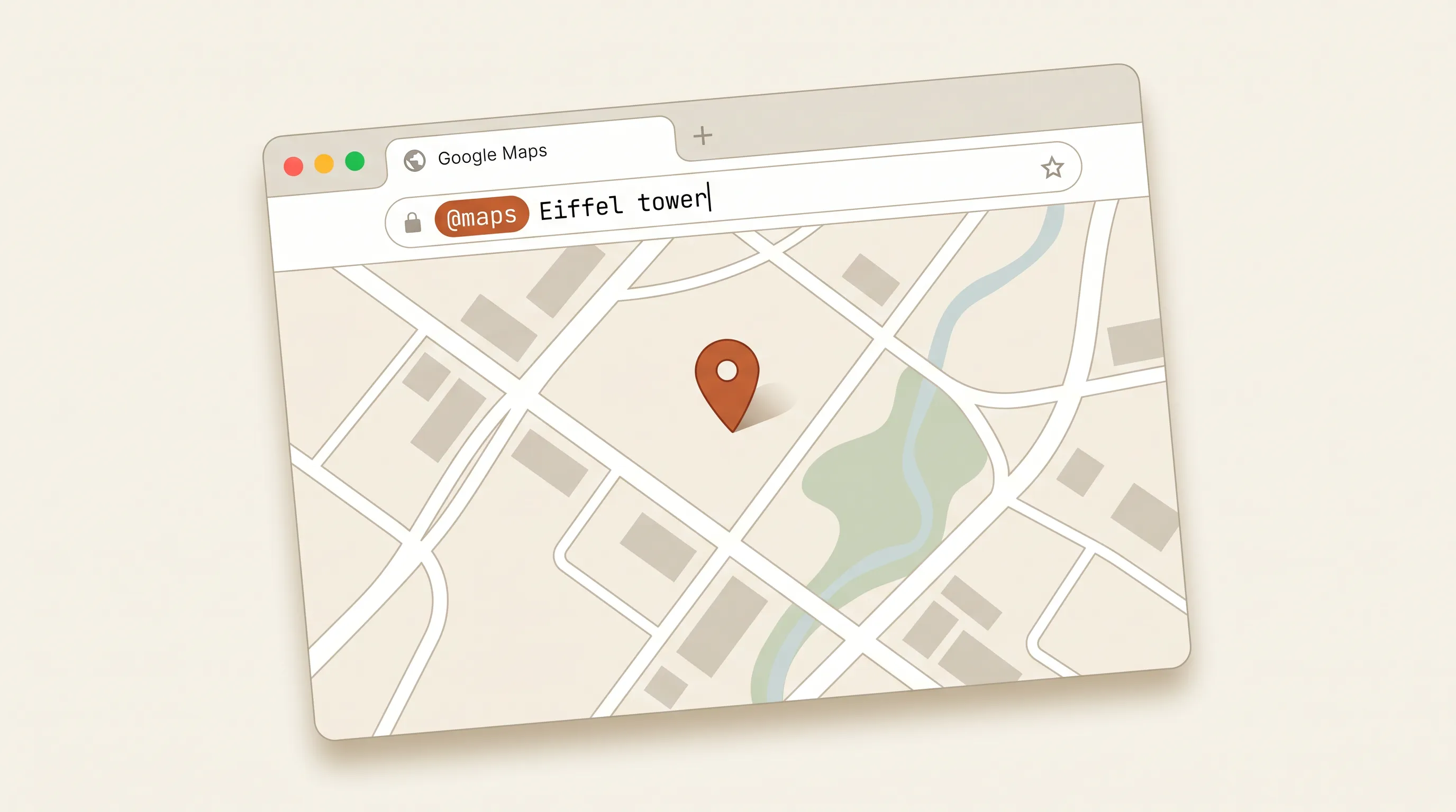 A tilted browser window with @maps Eiffel tower typed in the address bar, over an abstracted map view.