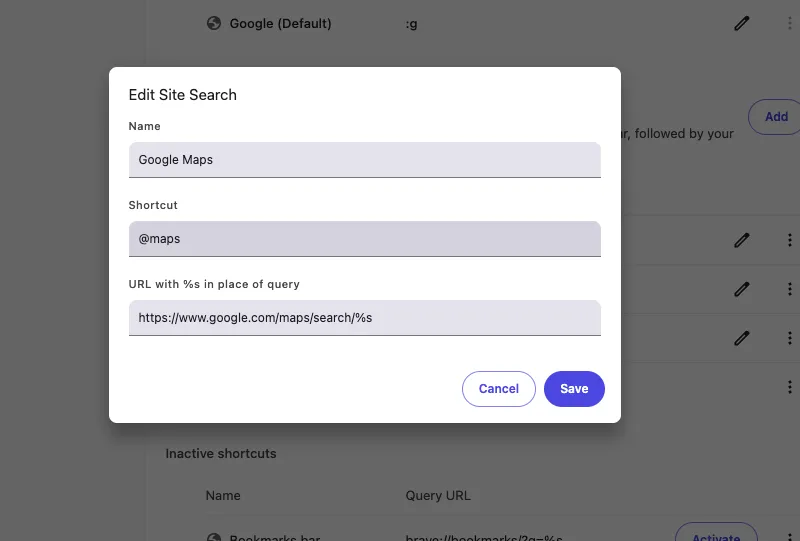 The Edit Site Search dialog in Brave, set up for Google Maps.