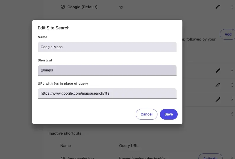 The Edit Site Search dialog in Brave, set up for Google Maps.