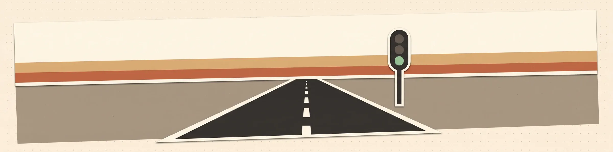 A minimalist illustration of a two-lane road running straight to the horizon. A warm cream sky with tan and terracotta stripes at the horizon, grey ground, and a traffic light beside the road showing green.