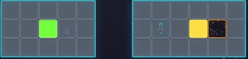 Animated GIF showing the teleporter mechanic. The player steps onto an up-arrow tile on one grid and exits at a down-arrow tile on another.