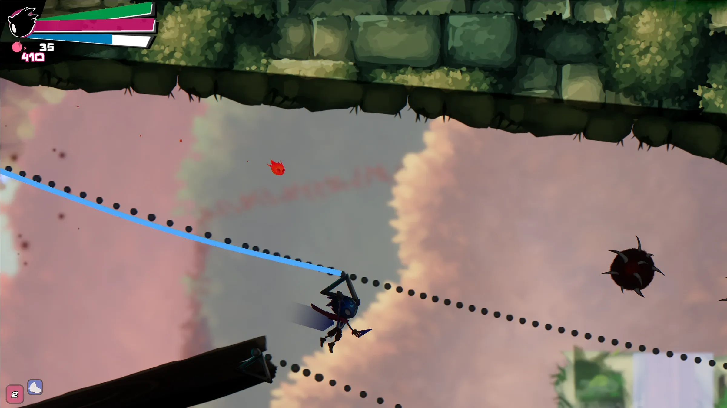 PiN mid-glide along a curved blue trajectory traced out in dotted markers. A spiked enemy hovers ahead in a dusty pink corridor under a stone overhang.